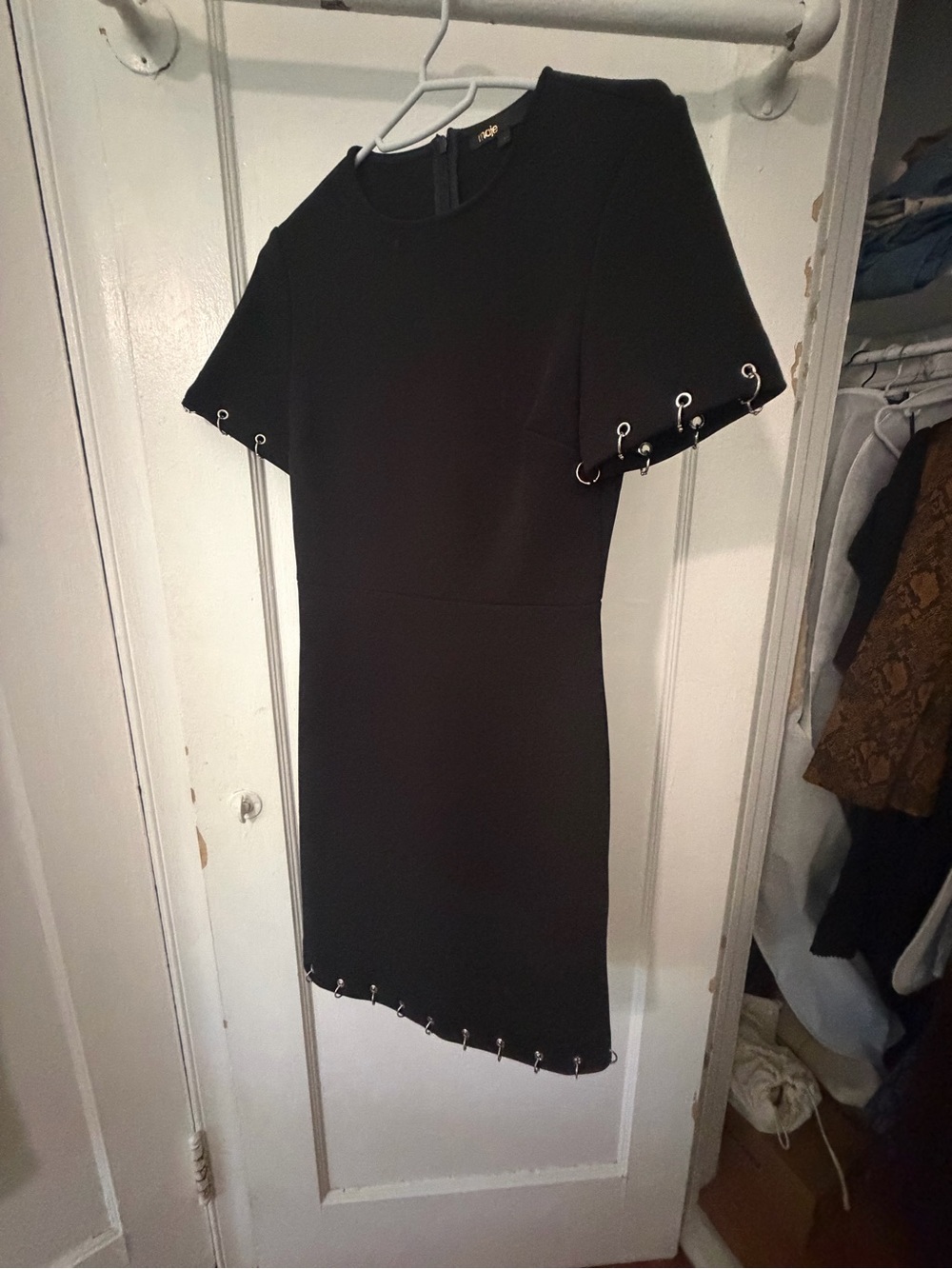 Maje Black Sheath Dress with Silver Eyelet Trim